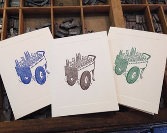 Ten Letterpress Note Cards "Garden Cart" - Set of 10 cards with matching envelopes