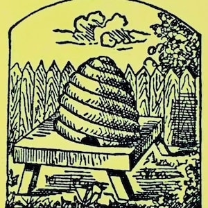 May include: A black and white line art illustration on a yellow background depicting a domed beehive resting on a rectangular wooden stand. The scene includes a picket fence in the background, stylized clouds in the sky, and foliage at the base.