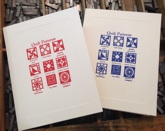 Ten Letterpress Note Cards "Quilt Patterns" - Set of 10 cards with matching envelopes