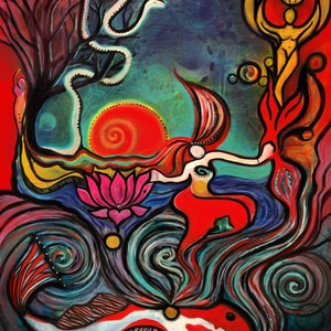 May include: Abstract painting featuring a red, white and black fish, a pink lotus flower, a white snake, and a red and yellow figure with wings.