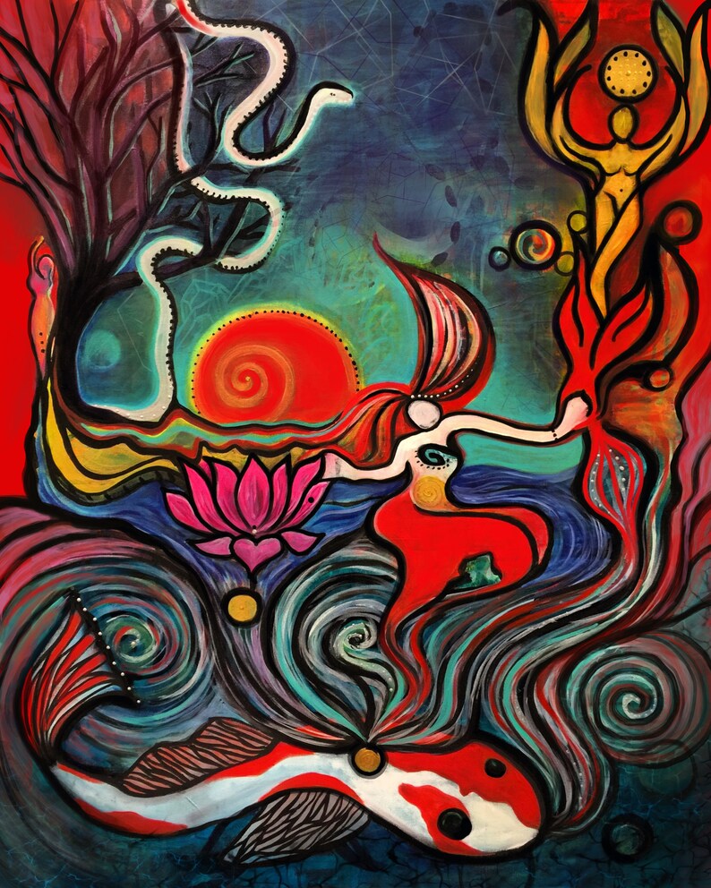 May include: Abstract painting featuring a red, white and black fish, a pink lotus flower, a white snake, and a red and yellow figure with wings.