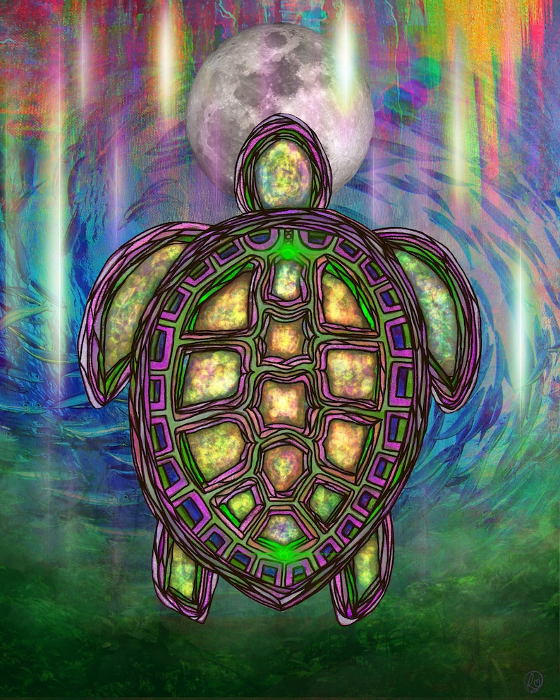 K&ouml;nnte beinhalten: Eine psychedelische Illustration einer Schildkr&ouml;te mit einem gr&uuml;n, lila und gelben Panzer. Die Schildkr&ouml;te ist von einem wirbelnden, bunten Hintergrund mit einem Vollmond im oberen Zentrum des Bildes umgeben.