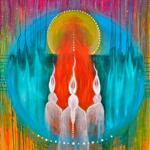 May include: Abstract painting with three white figures in the center, standing in front of a red and orange background. The figures have white flames on their heads and are surrounded by a blue and green circle. The background is a mix of orange, yellow, and pink.