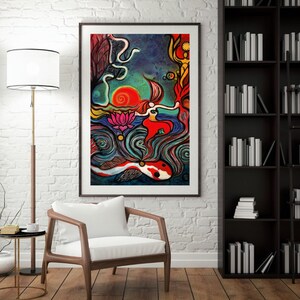 May include: Abstract painting with a colourful, swirling design. The painting features a red and orange sun, a pink lotus flower, and a white fish with red and black markings. The background is a dark blue with hints of green and purple.