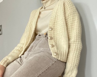 Handknit Women's White Wool Knit Cardigan with Matching Neutral Buttons