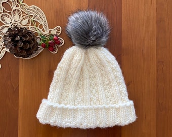 Warm White Woolen Winter Hat with Gray Faux Fur Pom Pom