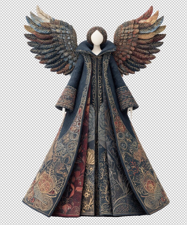 Puede incluir: Figura decorativa de &aacute;ngel con grandes alas detalladas en tonos marr&oacute;n, azul y dorado. El &aacute;ngel viste un abrigo largo azul oscuro con intrincados bordados dorados y motivos florales. La figura tiene un rostro sencillo y p&aacute;lido y cabello casta&ntilde;o.