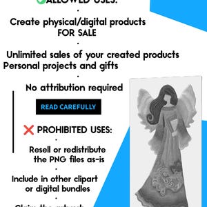 Puede incluir: Una licencia comercial de arte digital con texto que detalla los usos permitidos y prohibidos. La imagen incluye una ilustraci&oacute;n en escala de grises de un &aacute;ngel sosteniendo un libro. La licencia permite la creaci&oacute;n de productos f&iacute;sicos y digitales para la venta.