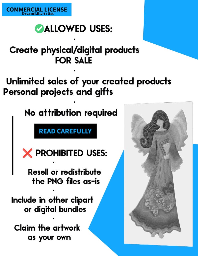 Puede incluir: Una licencia comercial de arte digital con texto que detalla los usos permitidos y prohibidos. La imagen incluye una ilustraci&oacute;n en escala de grises de un &aacute;ngel sosteniendo un libro. La licencia permite la creaci&oacute;n de productos f&iacute;sicos y digitales para la venta.