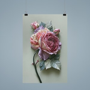 May include: A floral print poster featuring a large, detailed rose in shades of pink, lavender, and cream. The rose has a textured appearance with green leaves and a thorny stem. The poster is displayed against a light green background.