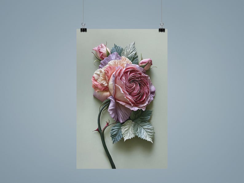 May include: A floral print poster featuring a large, detailed rose in shades of pink, lavender, and cream. The rose has a textured appearance with green leaves and a thorny stem. The poster is displayed against a light green background.