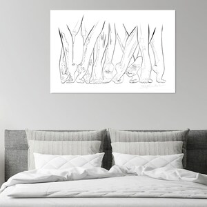 May include: Black and white line art print featuring multiple pairs of legs and feet. The artwork is a minimalist depiction of human forms, with a focus on the lower legs and feet. The print is displayed on a white background.