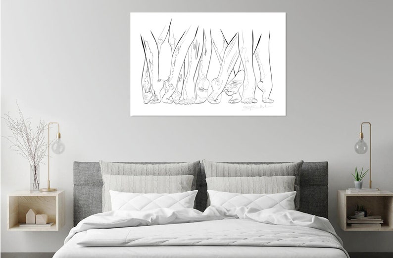 May include: Black and white line art print featuring multiple pairs of legs and feet. The artwork is a minimalist depiction of human forms, with a focus on the lower legs and feet. The print is displayed on a white background.