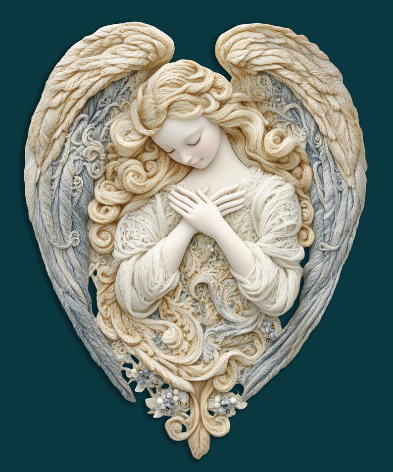 Puede incluir: Escultura en relieve detallada de un &aacute;ngel con los ojos cerrados y los brazos cruzados. El &aacute;ngel tiene pelo rubio largo y alas texturizadas. La escultura es en tonos crema, beige y gris, sobre un fondo verde azulado oscuro.