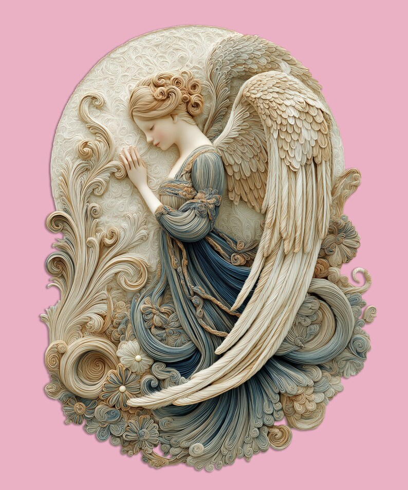 Puede incluir: Ilustraci&oacute;n detallada de un &aacute;ngel en oraci&oacute;n, en tonos suaves y apagados. El &aacute;ngel viste una t&uacute;nica azul fluida y tiene grandes alas emplumadas. La obra de arte est&aacute; sobre un fondo rosa, con intrincados detalles florales y de volutas.