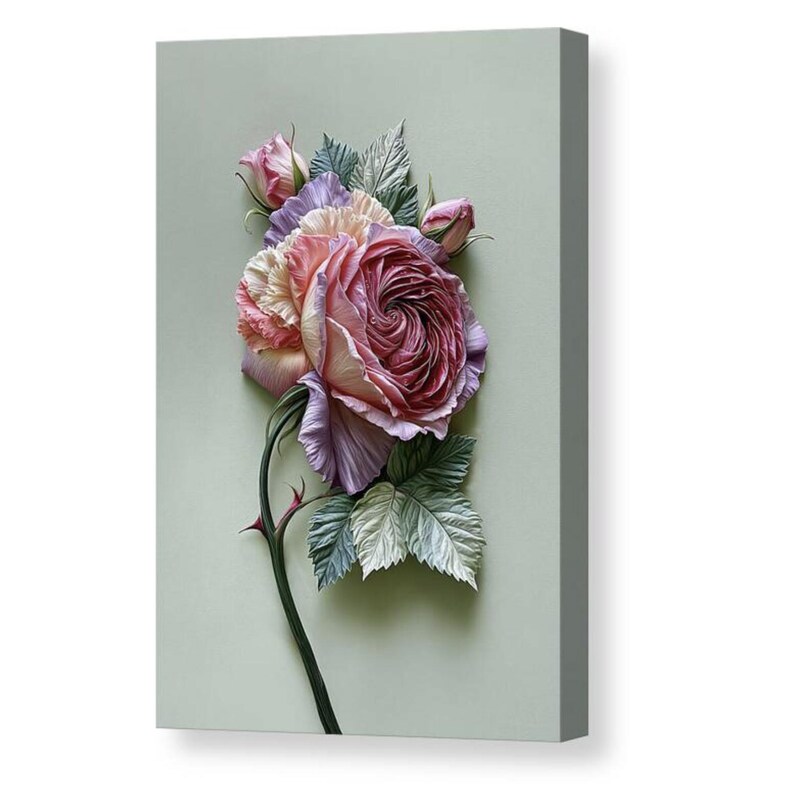 May include: A canvas print featuring a detailed, three-dimensional rendering of a rose. The rose is a mix of pink, purple, and cream hues, with green leaves and a dark stem. The artwork is set against a light green background.