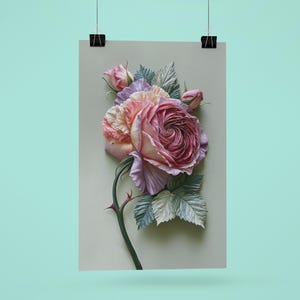 May include: A floral art print featuring a large, detailed rose in shades of pink, peach, and purple. The rose is the focal point, with intricate petal details and surrounded by green and gray leaves. The print is mounted on a light green background.