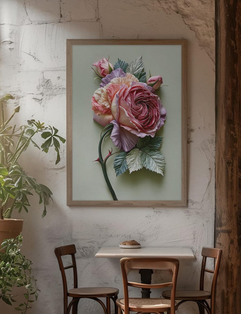May include: A framed floral art print featuring a large, detailed rose in shades of pink, peach, and purple. The rose is the focal point, with green leaves and a thorny stem. The artwork is displayed on a light green background within a wooden frame.