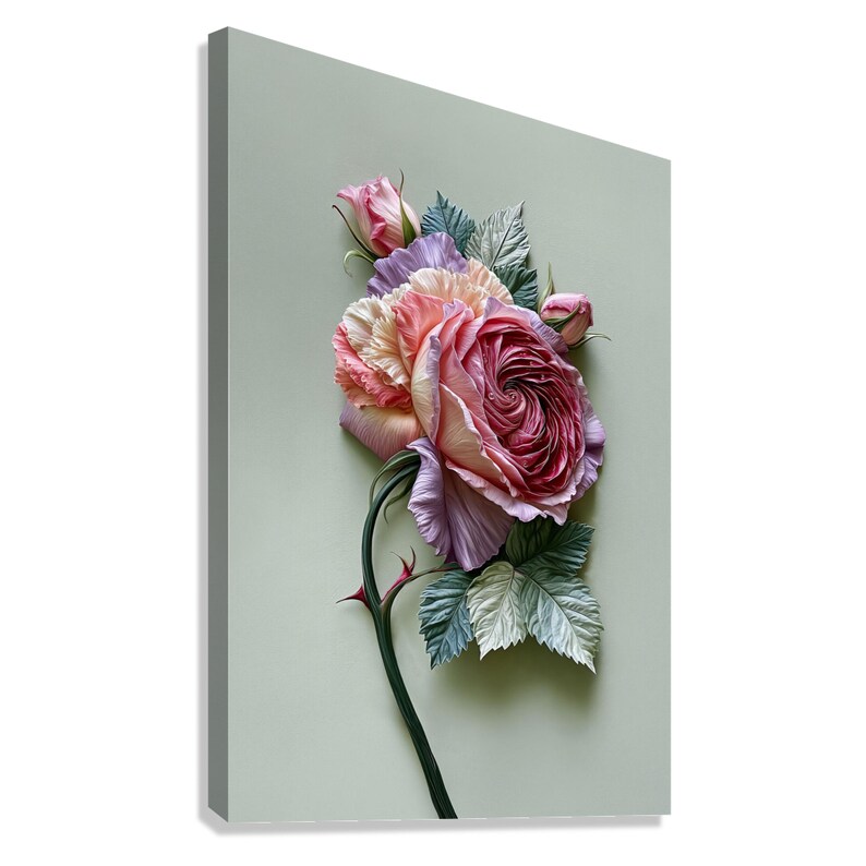 May include: A floral artwork featuring a large, detailed rose in shades of pink, peach, and burgundy, with green leaves and a thorny stem. The background is a soft, muted green, creating a striking contrast.
