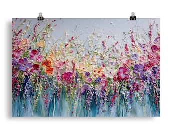 Art mural texturé floral rose pourpre « Blush Meadow » abstrait impression jardin de fleurs sauvages Poster