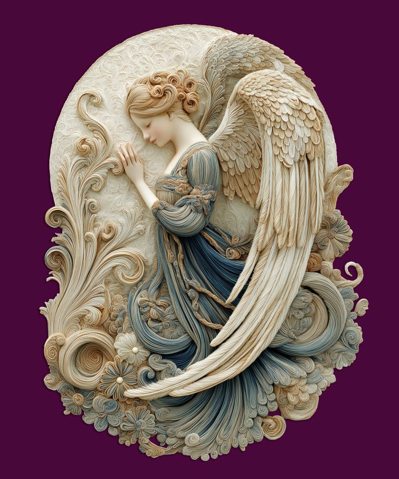 Puede incluir: Escultura en relieve detallada de un &aacute;ngel con los ojos cerrados, las manos juntas en oraci&oacute;n y grandes alas emplumadas. El &aacute;ngel viste una t&uacute;nica azul y beige, sobre un fondo circular texturizado con detalles florales y de volutas. El fondo es morado oscuro.