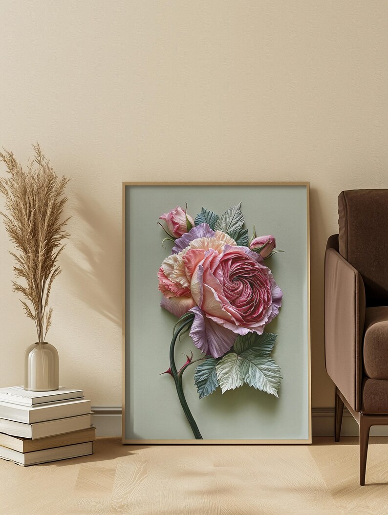 May include: A framed floral art print featuring a large, detailed rose in shades of pink, purple, and peach. The rose is the focal point, with green leaves and a thorny stem. The artwork is set against a light green background.