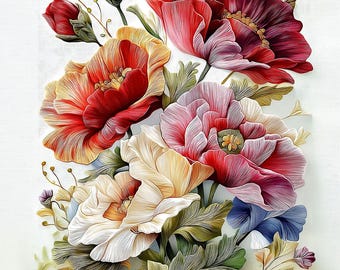 Bouquet floral fleurs douces - Art mural imprimable rose blanche et magnolia - Clipart botanique PNG