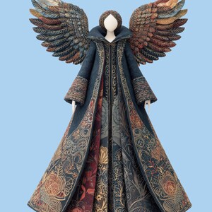 Puede incluir: Figura decorativa de &aacute;ngel con grandes alas detalladas en tonos marr&oacute;n, azul y dorado. El &aacute;ngel viste un abrigo largo azul oscuro con bordados dorados y una falda estampada. El fondo es azul claro.