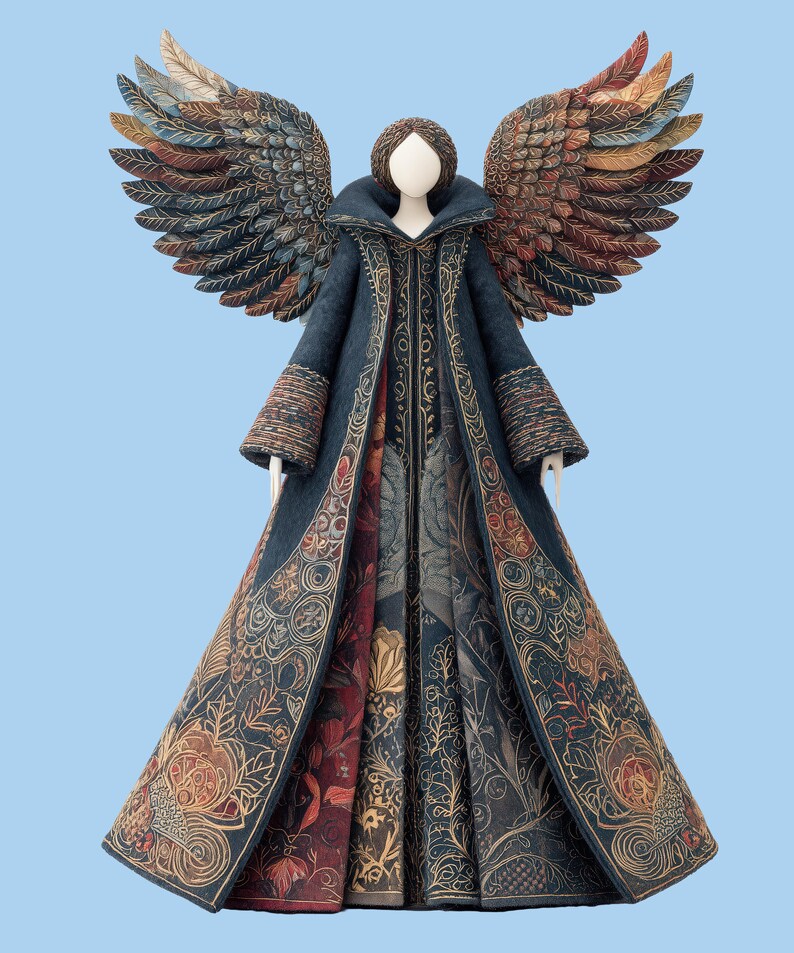 Puede incluir: Figura decorativa de &aacute;ngel con grandes alas detalladas en tonos marr&oacute;n, azul y dorado. El &aacute;ngel viste un abrigo largo azul oscuro con bordados dorados y una falda estampada. El fondo es azul claro.