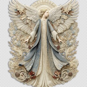 Puede incluir: Escultura en relieve detallada de un &aacute;ngel con grandes alas en capas. El &aacute;ngel viste una t&uacute;nica fluida con detalles en azul y crema. El fondo presenta patrones florales y de hojas ornamentados, con toques de marr&oacute;n y rojo.