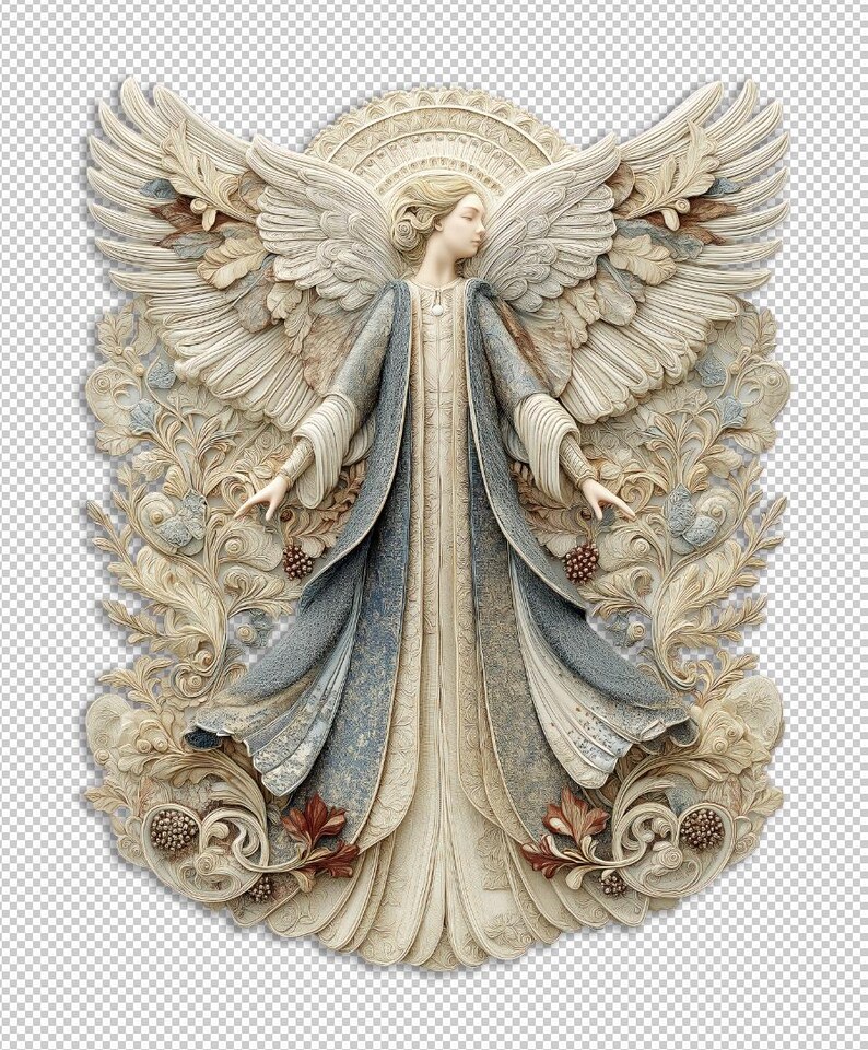 Puede incluir: Escultura en relieve detallada de un &aacute;ngel con grandes alas en capas. El &aacute;ngel viste una t&uacute;nica fluida con detalles en azul y crema. El fondo presenta patrones florales y de hojas ornamentados, con toques de marr&oacute;n y rojo.