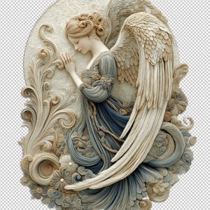 Puede incluir: Escultura en relieve detallada de un &aacute;ngel con los ojos cerrados, las manos juntas en oraci&oacute;n y grandes alas emplumadas. El &aacute;ngel viste una t&uacute;nica azul y gris, rodeado de detalles florales y de volutas en tonos crema y beige.