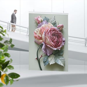May include: A floral art print featuring a large, detailed rose in shades of pink, lavender, and cream. The rose has a textured appearance with green leaves and a thorny stem. The background is a soft, muted green.