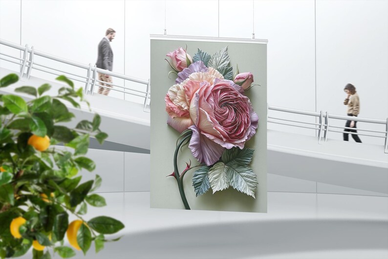 May include: A floral art print featuring a large, detailed rose in shades of pink, lavender, and cream. The rose has a textured appearance with green leaves and a thorny stem. The background is a soft, muted green.