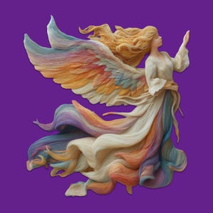 Puede incluir: Ilustraci&oacute;n detallada de una mujer con largo cabello rubio y alas multicolores. Viste un vestido blanco con una falda fluida que coincide con los colores de sus alas. El fondo es de color p&uacute;rpura s&oacute;lido.