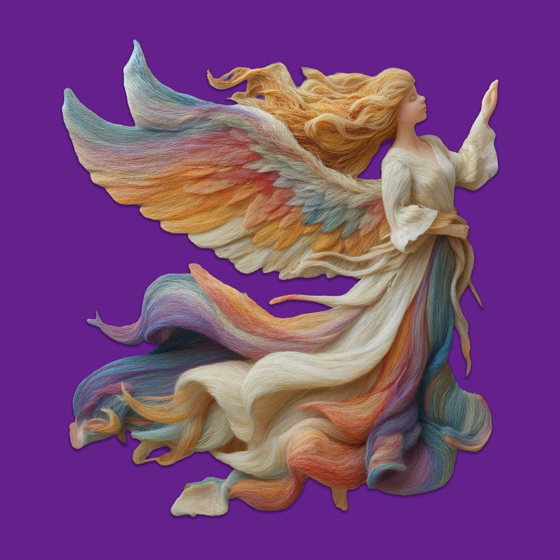 Puede incluir: Ilustraci&oacute;n detallada de una mujer con largo cabello rubio y alas multicolores. Viste un vestido blanco con una falda fluida que coincide con los colores de sus alas. El fondo es de color p&uacute;rpura s&oacute;lido.