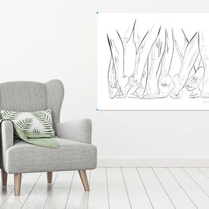 May include: A black and white line drawing of several pairs of feet. The artwork is displayed on a white background. The drawing is a minimalist representation of human feet, with varying angles and positions. The style is simple and elegant, suitable for home decor.