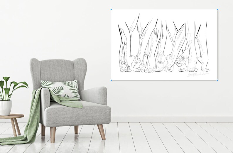 May include: A black and white line drawing of several pairs of feet. The artwork is displayed on a white background. The drawing is a minimalist representation of human feet, with varying angles and positions. The style is simple and elegant, suitable for home decor.