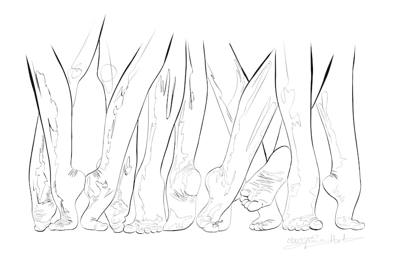 May include: A black and white line drawing of multiple legs and feet in various positions. The artwork features detailed outlines of the legs and feet, with a focus on the contours and shapes of the human form. The style is minimalist and artistic.