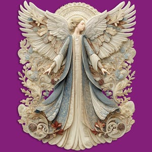 Puede incluir: Una escultura en relieve detallada de un &aacute;ngel con grandes alas en capas y t&uacute;nicas fluidas. El &aacute;ngel se representa con una expresi&oacute;n serena, rodeado de patrones florales y de hojas ornamentados. La paleta de colores incluye crema, azul y toques de rojo sobre un fondo p&uacute;rpura.