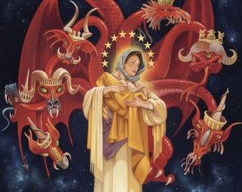 Vierge à l'enfant et dragon à sept têtes Cartes de vœux | Illustration religieuse