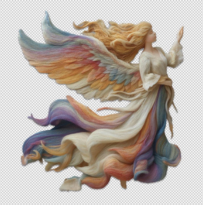 Puede incluir: Ilustraci&oacute;n detallada de un &aacute;ngel con cabello rubio suelto y brazo extendido. Las alas y el vestido del &aacute;ngel son una mezcla de colores pastel, incluyendo azul, naranja, amarillo y morado. La obra de arte tiene una apariencia suave y texturizada.