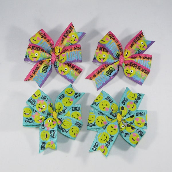 Emoji Hair Clip Set, Rainbow Emoji Pigtail Bows, Teen Hair Barrette, Emoji Birthday Gift, Twin Hair Bows, Smiley Bow, Rainbow Bow Set