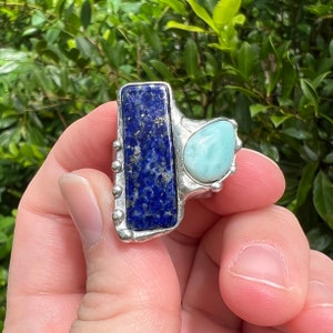 Sea Queen~ lovely Pyrite included Lapis Lazuli and Larimar statement ring