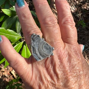 Könnte beinhalten: Ein silberner Ring mit einem großen, grauen Achat-Stein, der in der Mitte eingesetzt ist. Der Stein hat ein wirbelndes Muster und ist von einem silbernen Band umgeben.