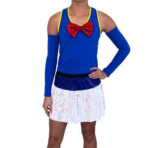 Male Duck Costume- Blue Racer back with Bow and Running Skirt with and White Crushed Velvet and Blue Sparkle Top | Optional Arm Sleeves