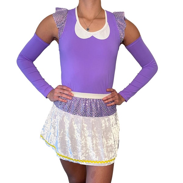 Female Duck Costume- Purple Racer back with ruffles and Running Skirt with and White Crushed Velvet and Sparkle Top | Optional Arm Sleeves