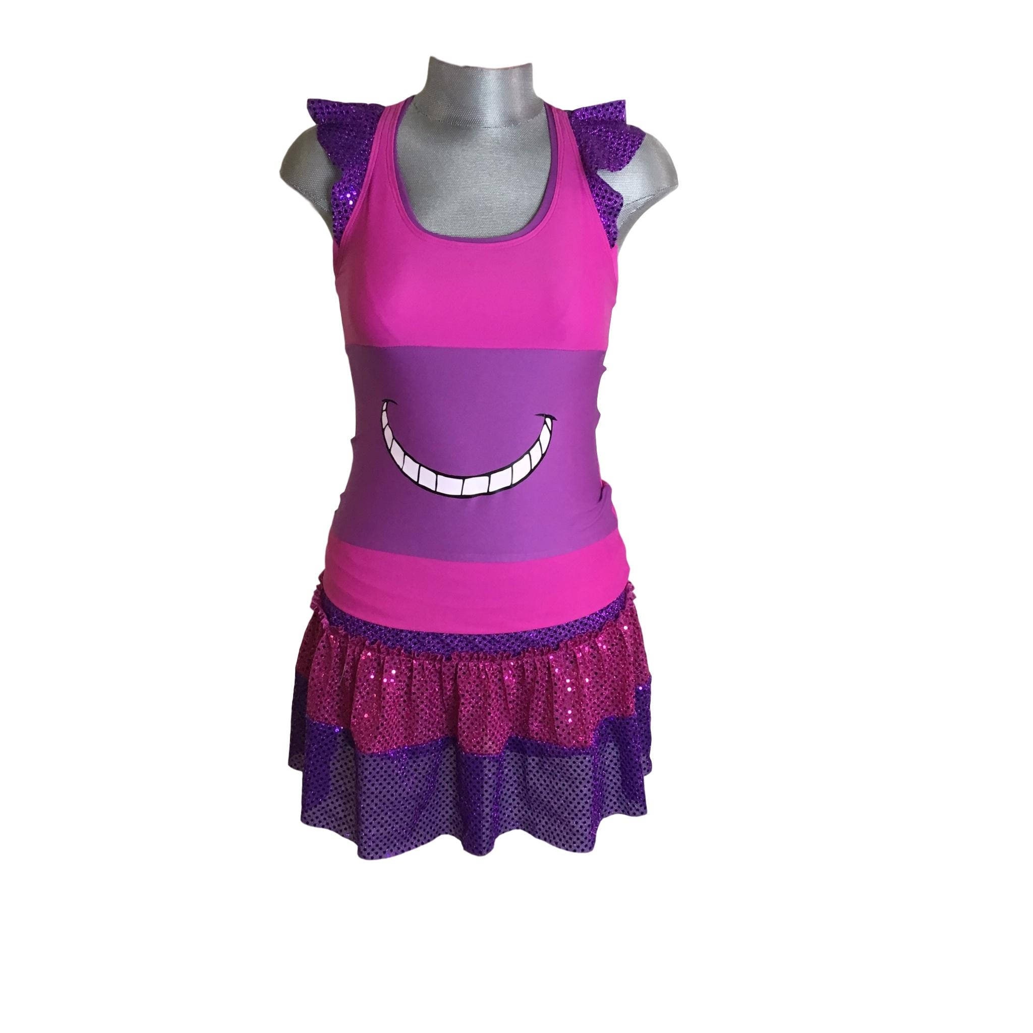 Cheshire Cat skirt, racer back running shirt with ruffles and optional Cheshire Cat arm sleeves