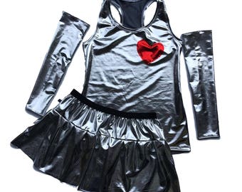 Tin Man running costume- Wizard of Oz silver costume metallic shirt and skirt *Optional Arm sleeves*