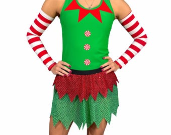 Disfraz de elfo navideño para correr, espalda cruzada y falda brillante para correr con mangas opcionales